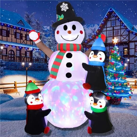6FT Christmas Inflatables Snowman with Three Penguins, with LED - Picture 6 of 6